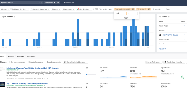 ahrefs content explorer sort by traffic and domain rating